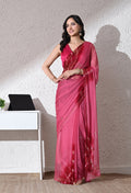 Raspberry pink chiffon saree with tie-dye and zari detailing, front view