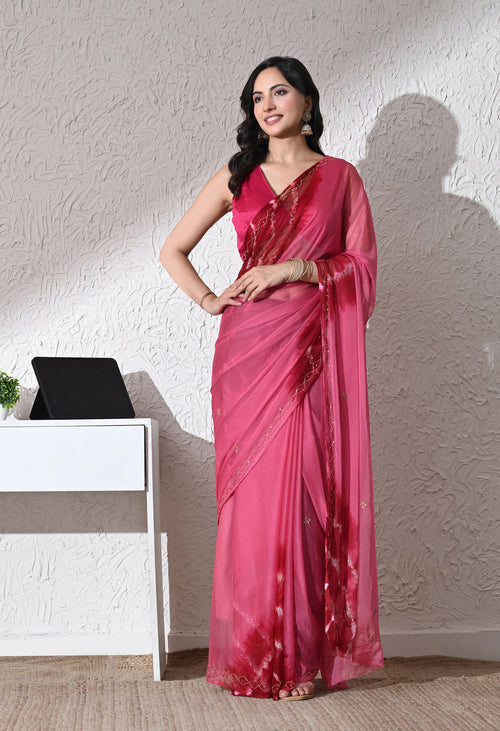 Raspberry pink chiffon saree with tie-dye and zari detailing, front view