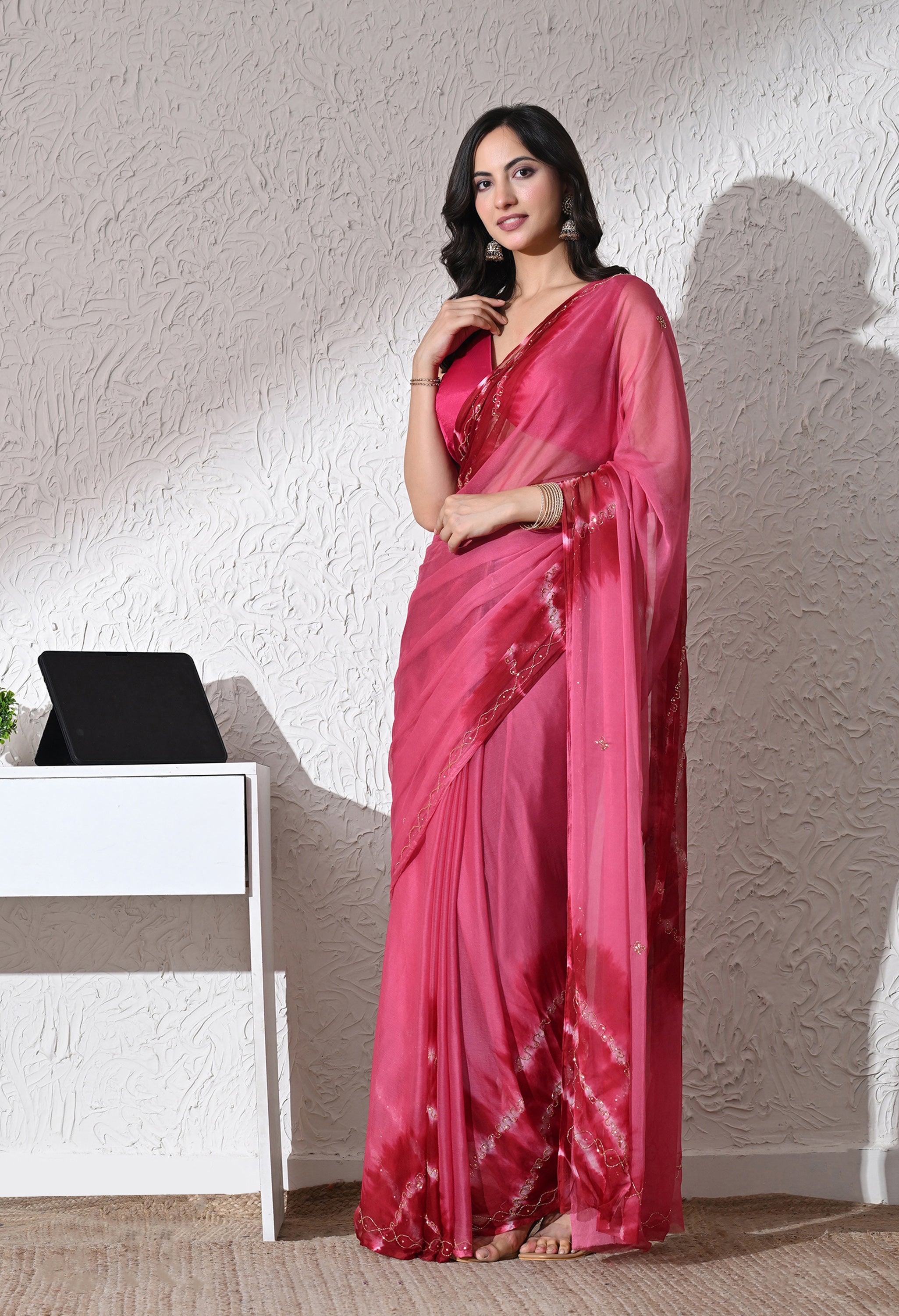 Cerise Italian Chiffon Saree